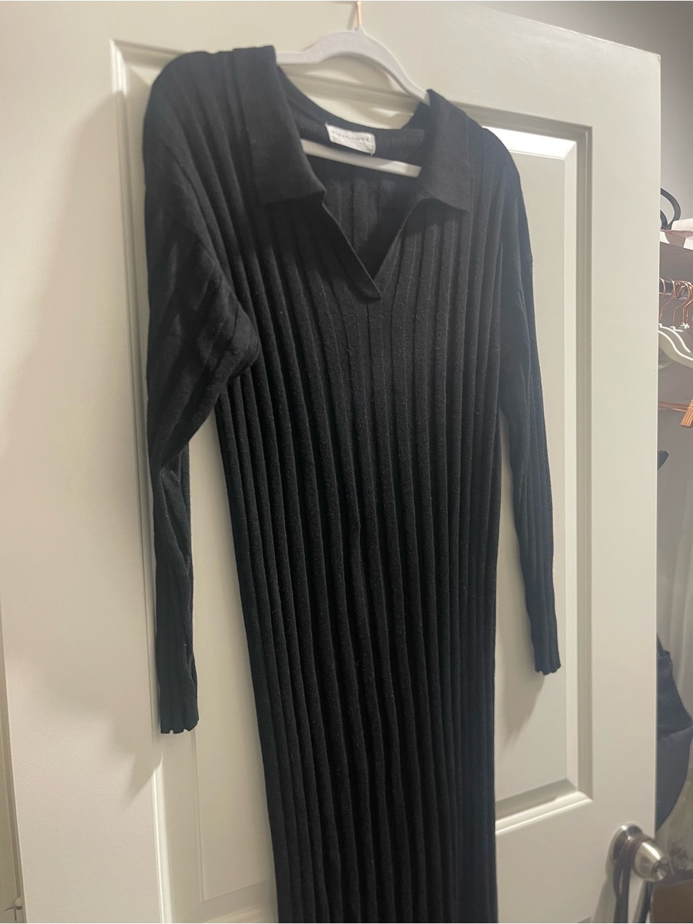 First Love Black Ribbed Collared Long Sleeve Maxi Dress